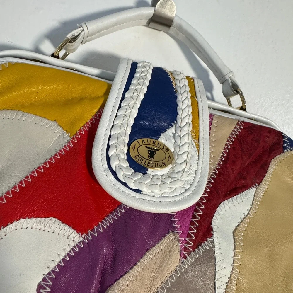 Vintage 80s Taurus Patchwork Leather Top Handle Bag Rainbow Satchel Maximalist